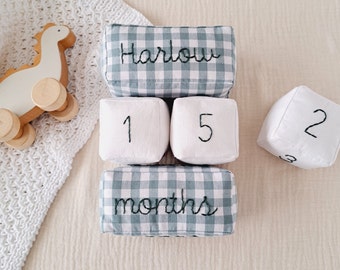 May include: A set of blue and white gingham fabric blocks with the name "Harlow" and the numbers "1", "5", and "2" embroidered on them. The blocks are stacked on top of each other and say "months" on the bottom block.