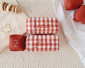 Terracotta Gingham Baby Milestones  Props - Customized Age Blocks for Keepsake Cherished Moments