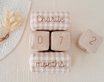 Gingham baby milestone blocks, Custom name age blocks set, Beige and white checkered month blocks, Personalized gift for new mom