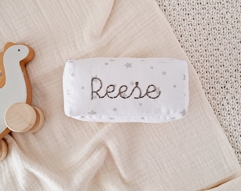 Personalized Baby Name Block with Stars Fabric - Custom Birth Announcement Photo Prop - Neutral Newborn Room Decor