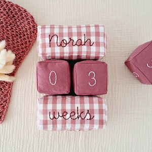 Bloques de hitos para recién nacidos, bloques de meses de bebé a cuadros, juego de bloques de edad rosa, bloques mensuales con nombre personalizado, foto del primer año del bebé