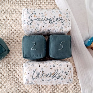 Bloques de hitos de la edad del bebé en azul verdoso con flores, juego de bloques de hitos personalizados, accesorio de fotografía para recién nacidos, regalo unisex para bebés para nuevas mamás