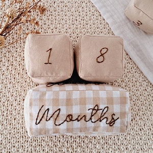 Custom monthly milestone blocks, Gingham age blocks for babies, Beige and white fabric month blocks set, Unisex newborn nursery decor