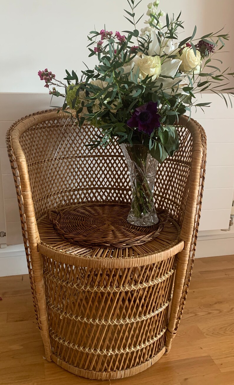 Vintage Wicker Rattan Boho Style Peacock Style Side Chair 70s Trendy