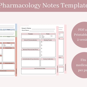 Pharmacology Note Templates | Nursing Notes Template | 4 different colors | 2 pdfs | 2 Versions