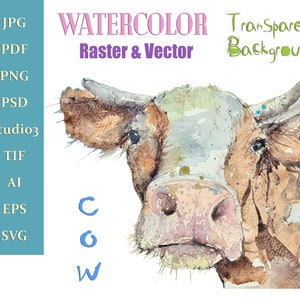 Cow Watercolor Illustration, Vector Animal Drawing, Animalistic Print, Bull Painting, Instant Download, Digital Clipart, Cow No Background