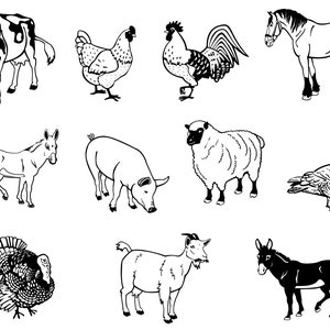 Farm Animals, Vector, Animals, Instant Download, Digital Clipart, Nature, Pets, Cow, Rooster, Hen, Horse, Sheep, Goose, Goat, Pig, Turkey