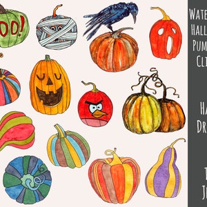 Clipart z dyniami na Halloween, Dynie na Halloween, Jesień, Upadek, Święta sezonu, Natychmiastowe pobieranie, Clipart cyfrowy, Rysunki ręczne, Akwarela, Sztuka