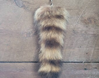 Real Raccoon Tail Keychain – Natural Color, 11.5-13.5 Inches Long, Made In USA, With Key Ring & Chain