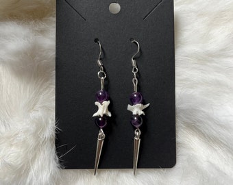 Rattlesnake Vertebrae Earrings With Spikes & Amethyst, Bone Jewelry, Vertebrae Jewelry, Oddities, Snake Bones