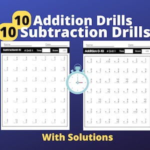 Addition and Subtraction Timed Drills | 0-10 Adding and Subtracting Drills — K, 1st Grade, 2nd Grades, Instant Download, Printable pdf