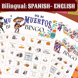 Puede incluir: Hojas de tarjetas de bingo del Día de Muertos en inglés y español. Las tarjetas presentan ilustraciones coloridas de calaveras de azúcar, caléndulas y otros símbolos culturales. El texto "Día de Muertos Bingo" se muestra de forma destacada.