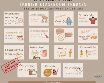 Boho Spanish Classroom 15 Posters | Bilingual Bulletin Board Printables | Neutral Class Decor | Instant Download