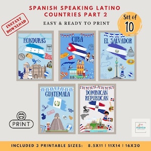 Pode incluir: Um conjunto de dez impressões de arte imprimíveis com ilustrações de bandeiras e marcos de países latino-americanos de língua espanhola. As impressões incluem as bandeiras de Honduras, Cuba, El Salvador, Guatemala e República Dominicana. O texto inclui "Download instantâneo".