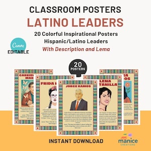 Editable Hispanic Leaders Posters | 20 Printable Spanish Quotes | Hispanic Heritage Month Classroom Decor | Bio & quotes