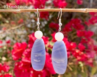 Blue Lace Agate With White Quartz Crystal Dangly Earrings Fashion Accessories Jewelry With Healing Properties by Mae Bleu