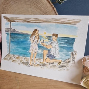 Engagement Illustration- personalised gift, handpainted, bespoke, Engagement gift, couole portrait, art, watercolour, handmade.