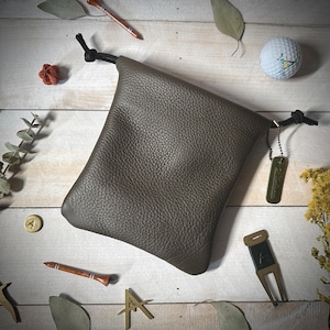 Leather Golf Valuables Pouch -Dark Olive Italian Pebble Grain Leather - Handmade