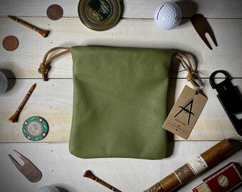 Leather Golf Valuables Pouch - OLIVE GREEN - Handmade with Italian Pebble Grain Leather