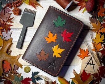 Leather Scorecard Holder for Golf - Fall / Autumn Themed - 100% Handmade in Italian Veg Tan Full Grain Leather