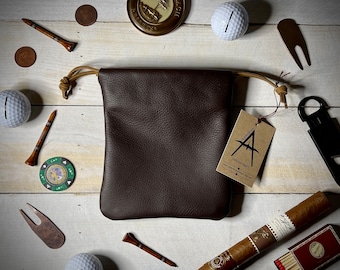 Leather Golf Valuables Pouch - DARK BROWN - Handmade with Italian Pebble Grain Leather
