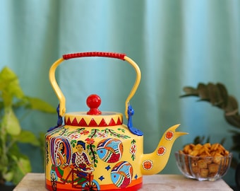 Hand Painted Kettle For Serving Tea Aluminium Decorative Showpiece Kettle Holi Gift Home Decor For Tea Lovers