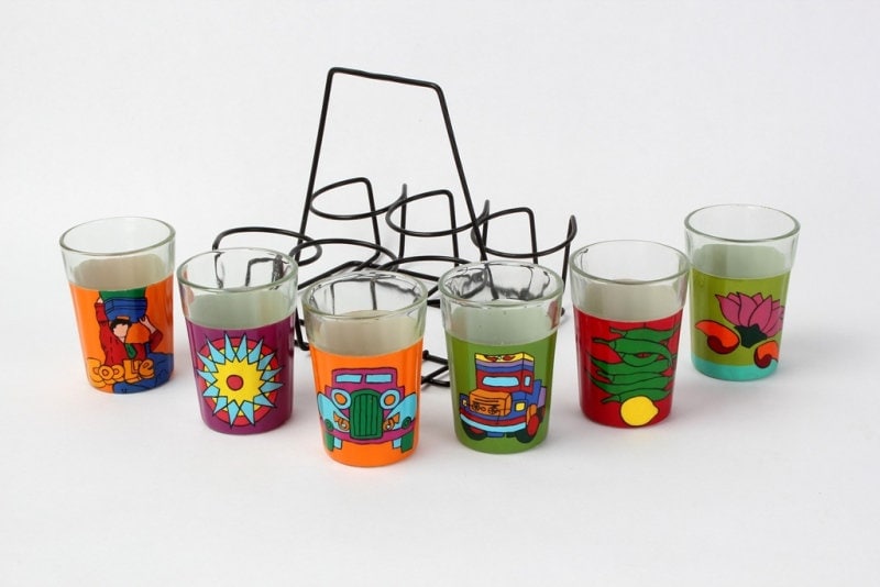 Handpainted Tea Glasses Set of 6 Cutting Chai Glasses With Stand Indian