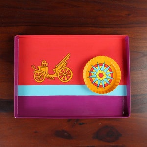 Handpainted Aluminium Kitchen Tray With Plate Indian Rectangular Serving Tray With Handles Wooden Tray Holi Gifts Home Decor