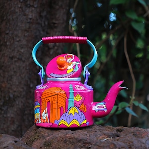 Traditional Indian Hand Painted Kettle For Serving Tea Decorative Aluminium Kettle Holi Gift for Home Decor - Old Delhi Theme
