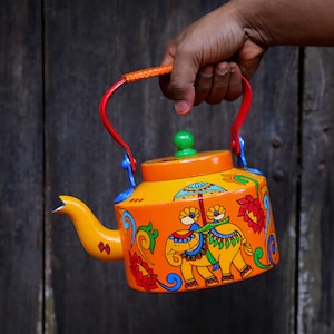 Hand Painted Indian Traditional Tea Kettle Handmade Colourful Chai Kettle Holi Gift For Home Ancient Indian Chariots Theme