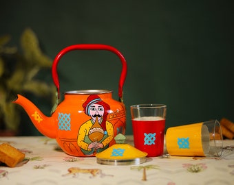 Handpainted Mughal Tea Pot Set Traditional Kettle with Chai Glass Set of 2 Christmas Teapot Holi Gifts For Home Decor