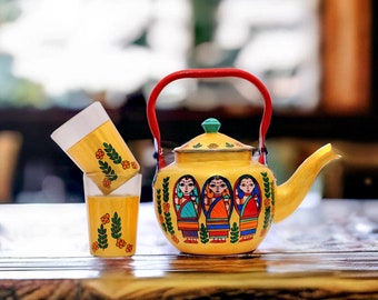 Jaipur Handicraft Kettle Set With Chai Glasses Set of 2 Indian Kettle Set With Tapri Tea Glass Tea Gift Set Holi Gift for Her