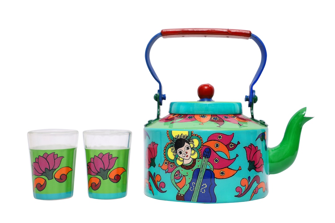 Handpainted Indian Teapot Glass Set of 2 Traditional Tea Kettle Set