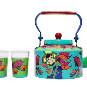 Handpainted Indian Teapot Glass Set of 2 Traditional Tea Kettle Set With 2 Cutting Chai Glass Women's Day Gifts Home Decor