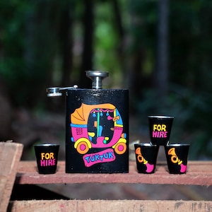 Hip Flask Set With Funnel Stainless Steel 4 Shot Glass With Whiskey Flask Tuk Tuk Print Bachelor Party Gifts For Groom, 230 ml