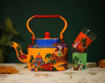 Handpainted Teapot Glass Set Tea Kettle Set with 2 Cutting Chai Glass Indian Handicraft Kitchen Holi Gift for Home Decor