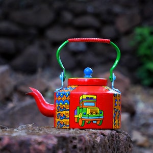 Hand Painted Tea Kettle Traditional Indian Tea Pot With Colorful Indian Truck Print Decorative Kettle Holi Gift For Him And Her
