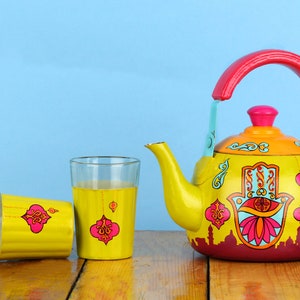 Traditional Indian Kettle with Glass Set of 2, Hand Painted Teapot Set, Handmade Holi Gift For Housewarming, Kitchen Table Décor