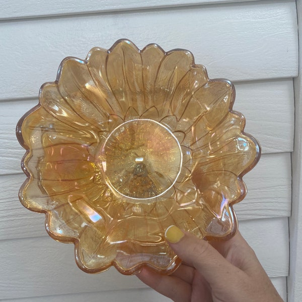 Vintage Amber Carnival Glass iridescent Flower Bowl