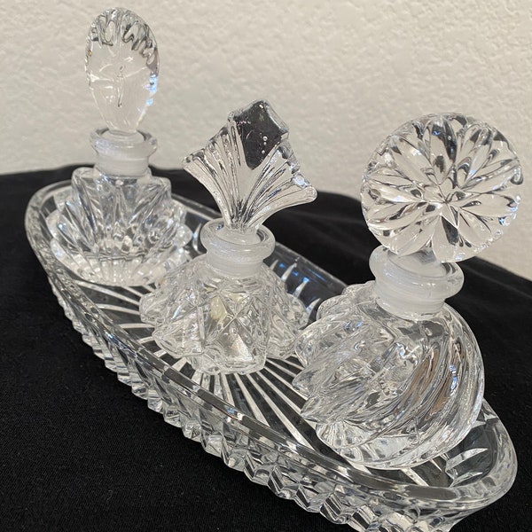 Vintage set of perfume bottles (3) with 24% Lead Crystal Tray