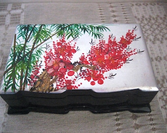Black Lacquer Jewelry Box Vintage with Mirror Hand Painted Oriental Design Red Velvet Lined Interior
