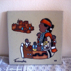 Vintage Cleo Teissedre Hand Painted Ceramic Tile, Native American Pottery Trivet, Ceramic Coaster Trivet Wall Hanging, Teissedre Designs