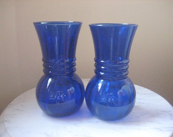 Vtg Cobalt Blue Indiana Glass Vase, Blue Flashed Swirl Flower Vase, Optic Ribbed Ring Design Cobalt 6.5" Vases, Blue Tabletop Wedding Vases