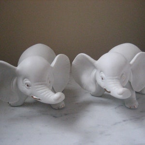 Pair of Vintage Bisque Elephants, White Porcelain Elephants with Gold Accents, Two White Elephant Figurines