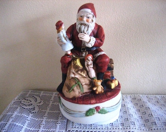 Vintage Santa Claus Music Box, Hand Painted Revolving Music Box, Musical Porcelain Rotating Santa, Father Christmas Plays Silent Night WORKS