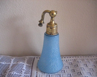 Vintage DeVilbiss Glass Art Deco Colonial Blue Enamel Cracked Ice Perfume Bottle, Short Squat Atomizer Perfume Bottle