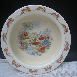 Vintage Royal Doulton BUNNYKINS Heavy Porridge Bowl Picnic Signed Barbara Vernon, Children&#39;s Dinnerware, Animal Kid&#39;s Dishes