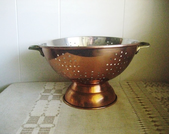Vintage Copper and Stainless Colander, Metal Strainer with Brass Handles, Farmhouse Wall Decor, Rustic Kitchenware Display Colander
