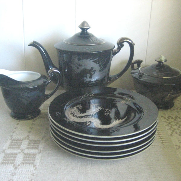 Vintage Yoshino Teapot Sugar Creamer Plates Set, Black China with Gray/Silver Dragons, Japan Dragonware Dishes