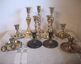 Vintage Graduated Brass Candlesticks, 11 Mismatched Group of Wedding Brass Candle Holders, Brass Candlestick Holders